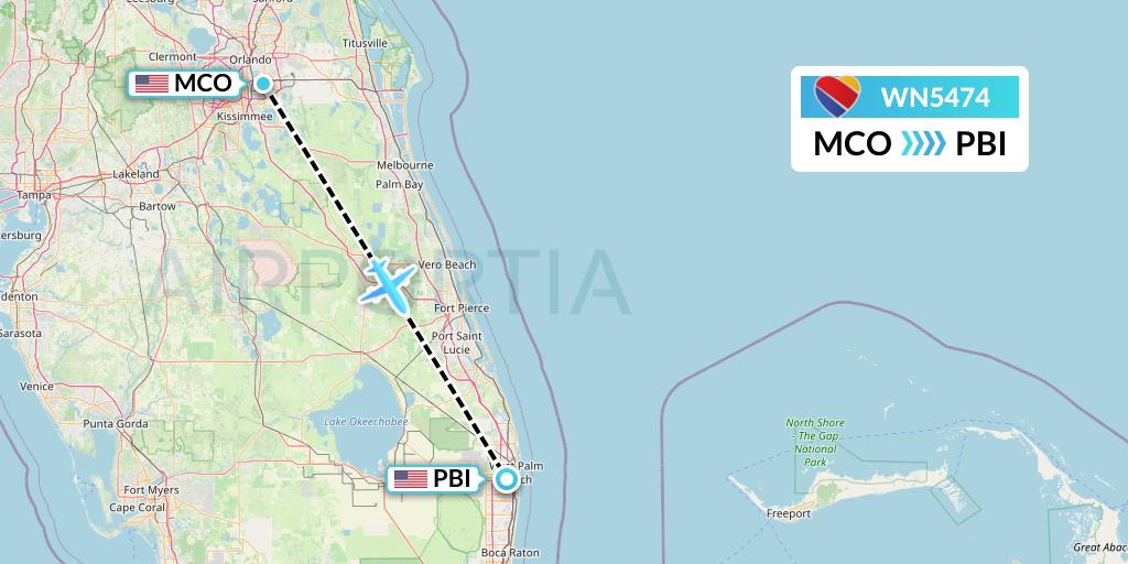 WN5474 Southwest Airlines Flight Map: Orlando to West Palm Beach