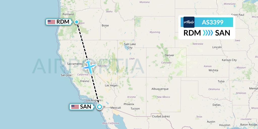 AS3399 Alaska Airlines Flight Map: Redmond to San Diego