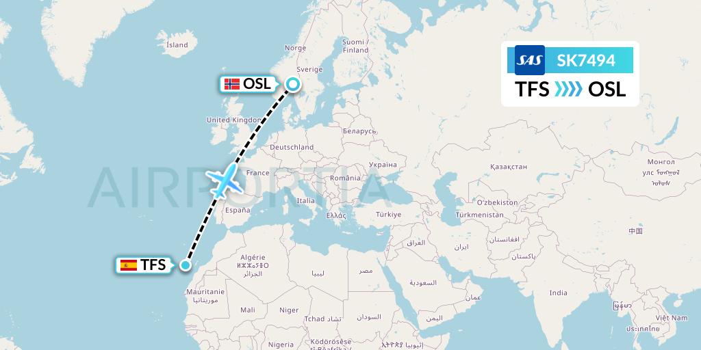 SK7494 SAS Flight Map: Tenerife to Oslo