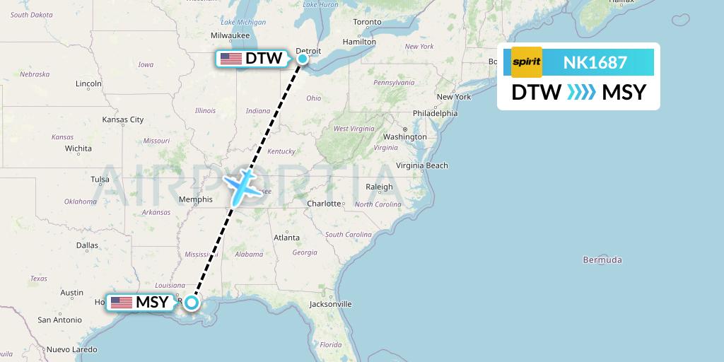 NK1687 Spirit Airlines Flight Map: Detroit to New Orleans