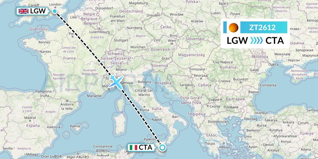 ZT2612 Titan Airways Flight Map: London to Catania