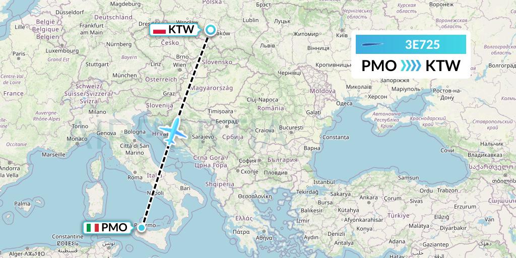 3E725 Air Choice One Flight Map: Palermo to Katowice