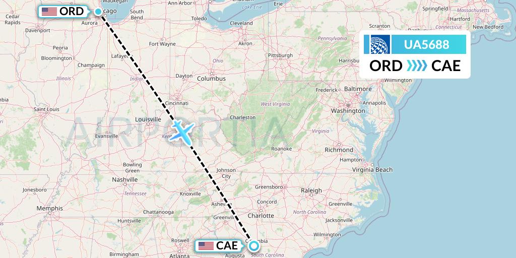 UA5688 United Airlines Flight Map: Chicago to Columbia
