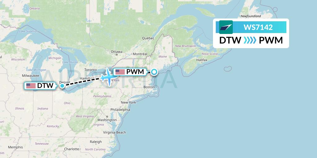 WS7142 WestJet Flight Map: Detroit to Portland