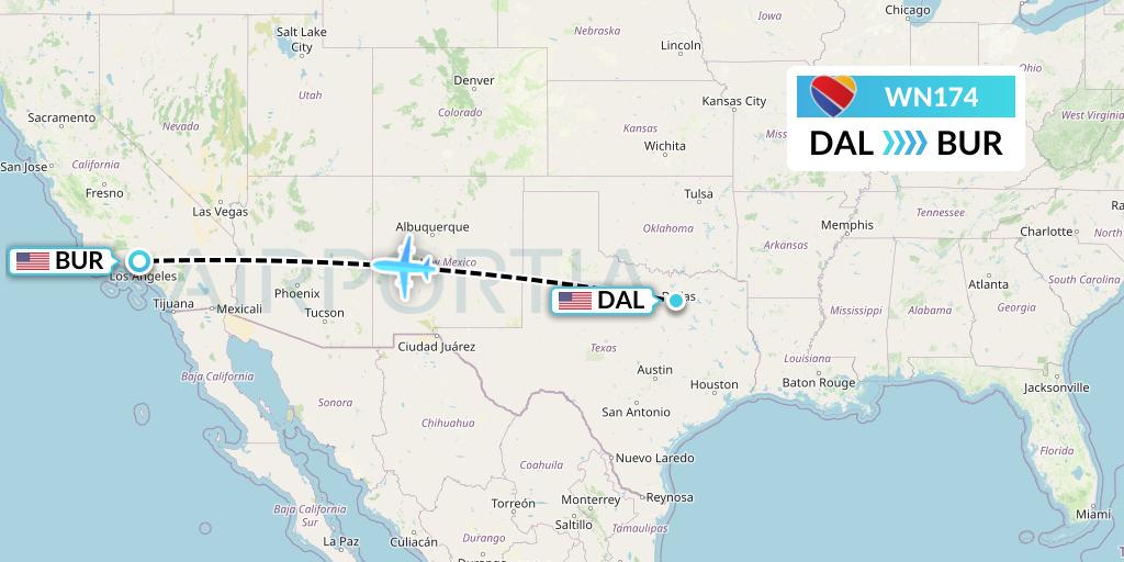 WN174 Southwest Airlines Flight Map: Dallas to Burbank
