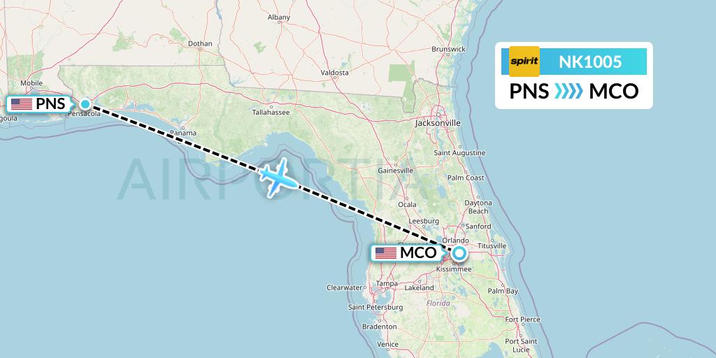 NK1005 Spirit Airlines Flight Map: Pensacola to Orlando