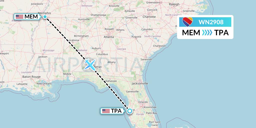WN2908 Southwest Airlines Flight Map: Memphis to Tampa