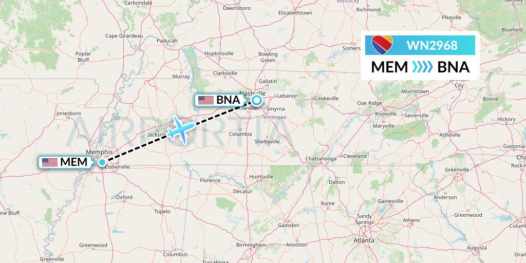 WN2968 Southwest Airlines Flight Map: Memphis to Nashville
