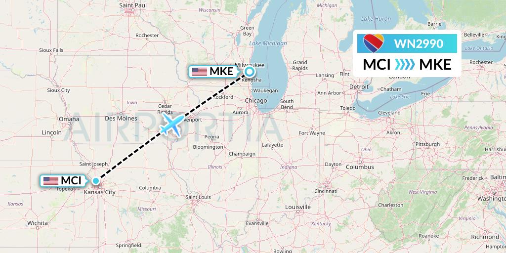 WN2990 Southwest Airlines Flight Map: Kansas City to Milwaukee