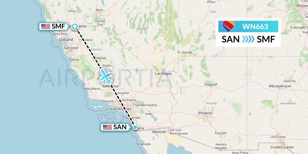 WN663 Southwest Airlines Flight Map: San Diego to Sacramento