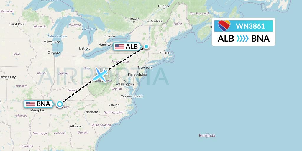 WN3861 Southwest Airlines Flight Map: Albany to Nashville