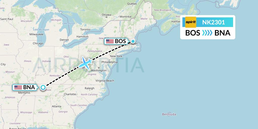NK2301 Spirit Airlines Flight Map: Boston to Nashville