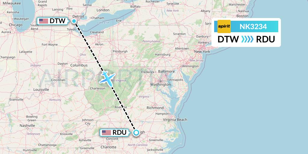NK3234 Spirit Airlines Flight Map: Detroit to Raleigh-Durham