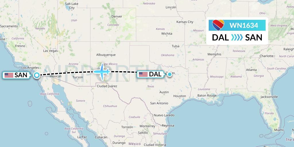 WN1634 Southwest Airlines Flight Map: Dallas to San Diego