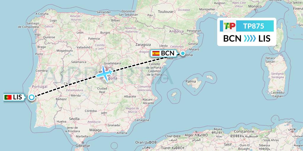 TP875 TAP Portugal Flight Map: Barcelona to Lisbon