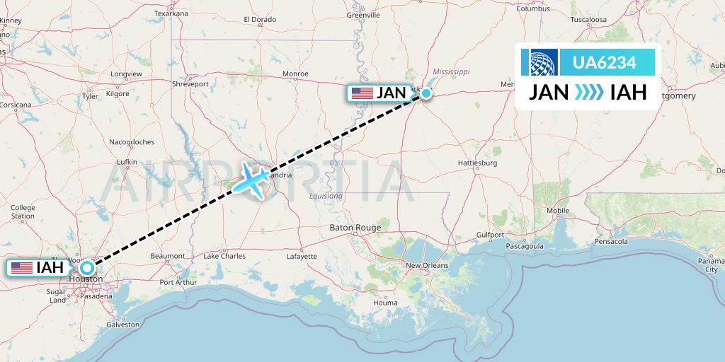 UA6234 United Airlines Flight Map: Jackson to Houston