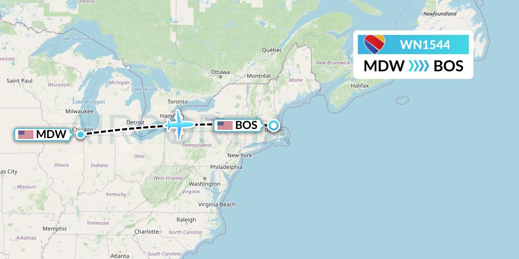 WN1544 Southwest Airlines Flight Map: Chicago to Boston