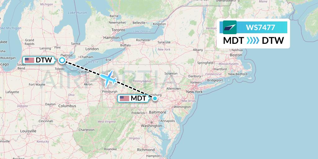 WS7477 WestJet Flight Map: Harrisburg to Detroit