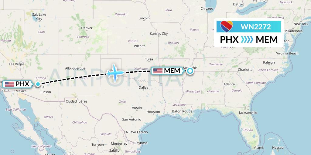 WN2272 Southwest Airlines Flight Map: Phoenix to Memphis