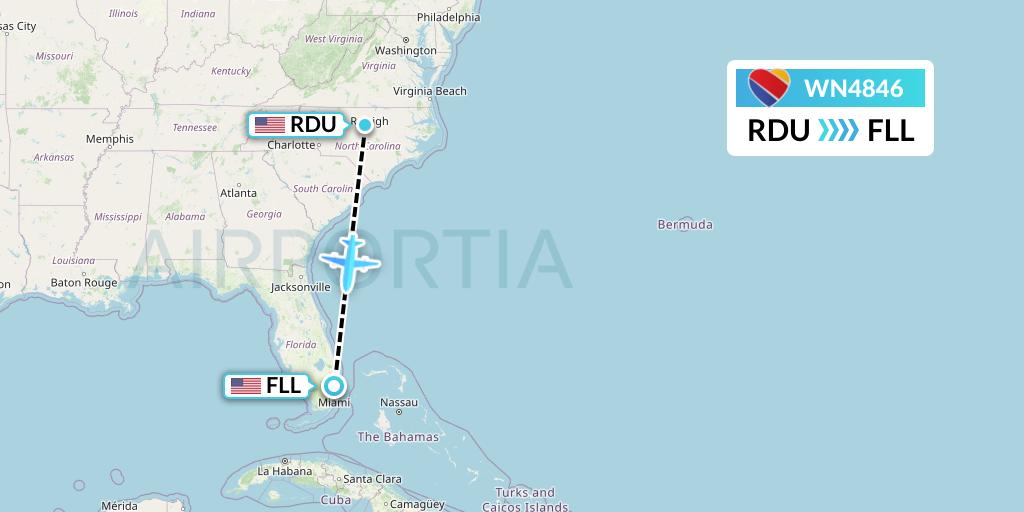 WN4846 Southwest Airlines Flight Map: Raleigh-Durham to Fort Lauderdale