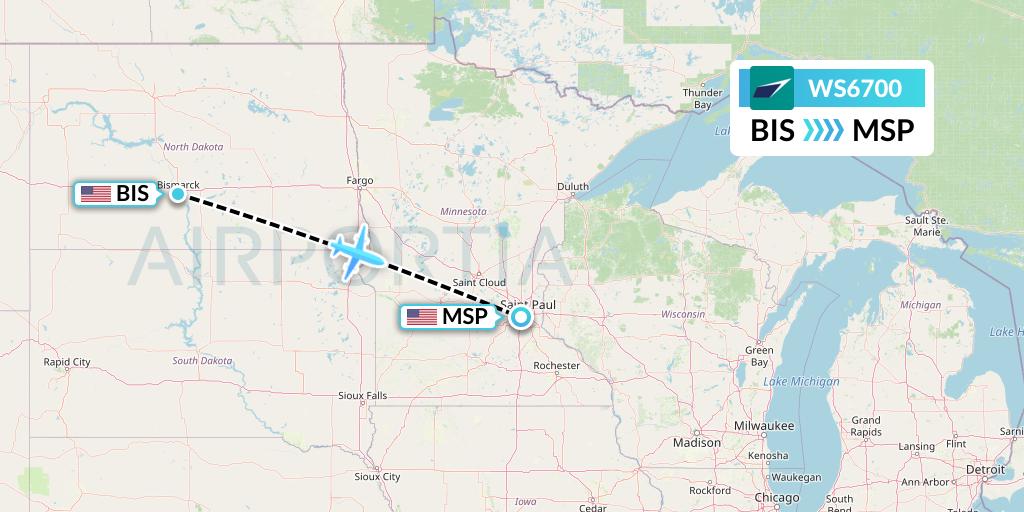 WS6700 WestJet Flight Map: Bismarck to Minneapolis