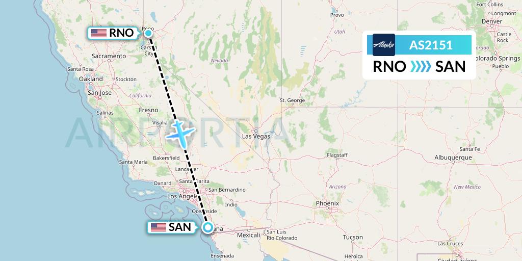 AS2151 Alaska Airlines Flight Map: Reno to San Diego