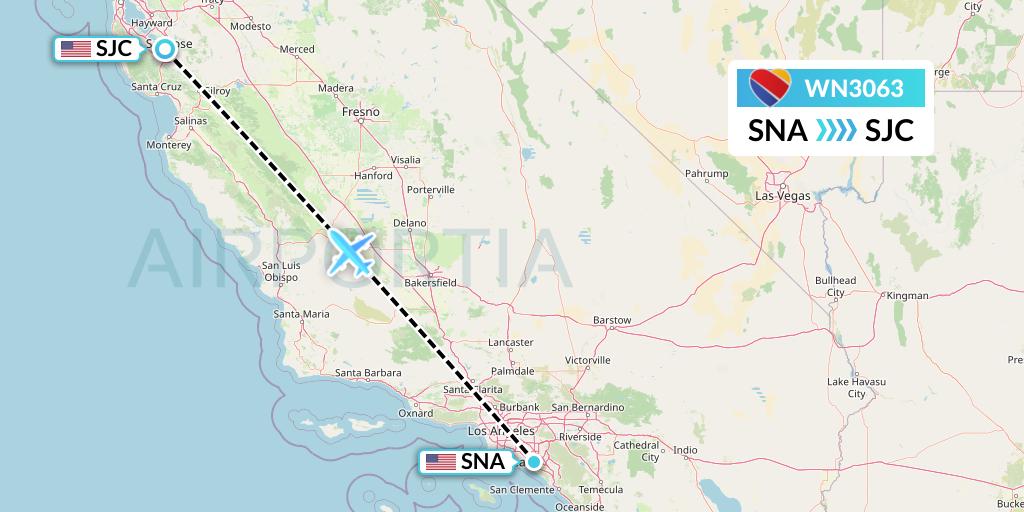 WN3063 Southwest Airlines Flight Map: Orange County to San Jose