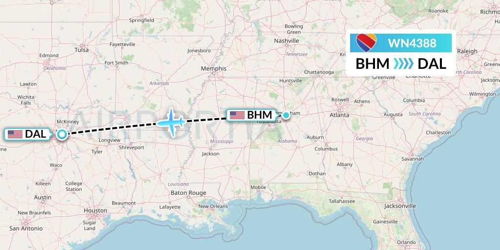 WN4388 Southwest Airlines Flight Map: Birmingham to Dallas