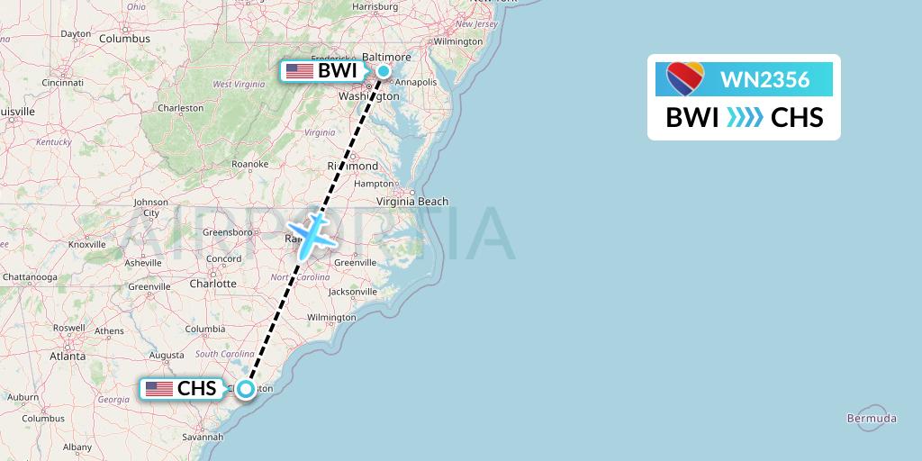 WN2356 Southwest Airlines Flight Map: Baltimore to Charleston