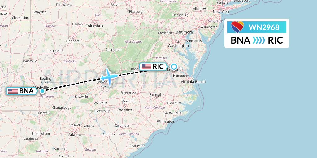 WN2968 Southwest Airlines Flight Map: Nashville to Richmond