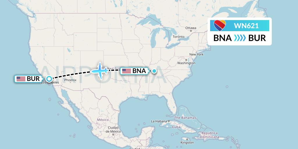 WN621 Southwest Airlines Flight Map: Nashville to Burbank