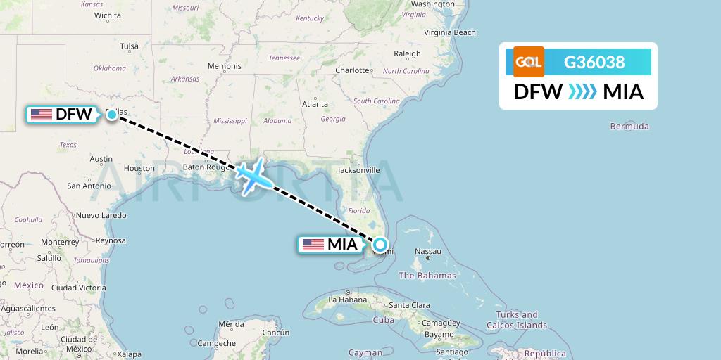 G36038 GOL Transportes Aeros Flight Map: Dallas to Miami