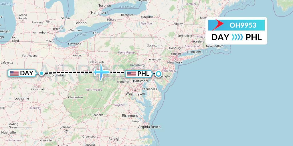 OH9953 PSA Airlines Flight Map: Dayton to Philadelphia
