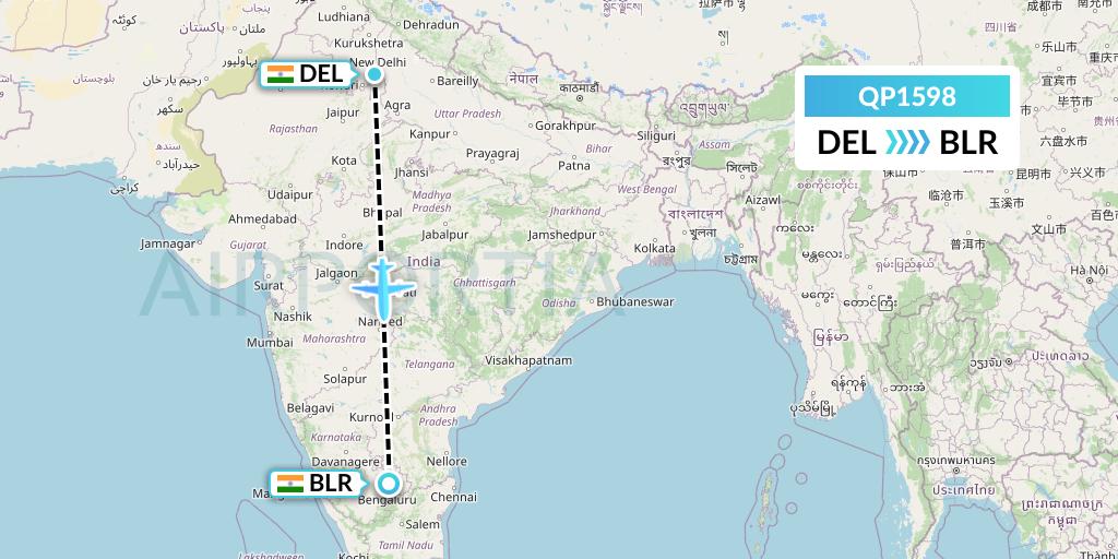 QP1598 Akasa Air Flight Map: Delhi to Bangalore