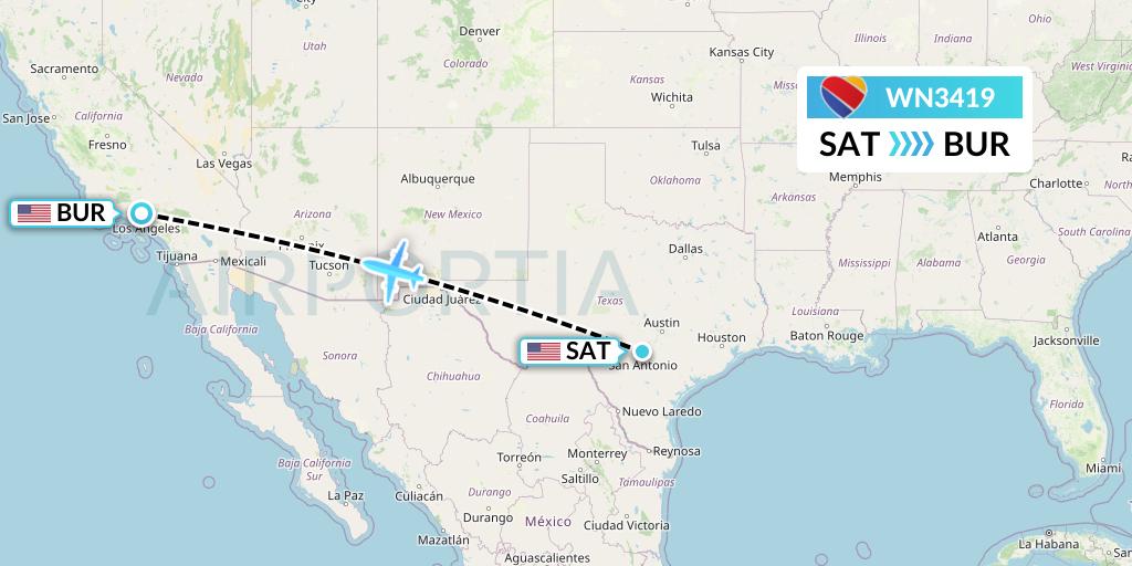 WN3419 Southwest Airlines Flight Map: San Antonio to Burbank