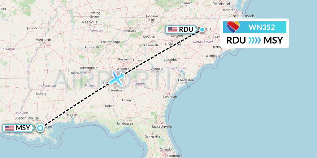 WN352 Southwest Airlines Flight Map: Raleigh-Durham to New Orleans
