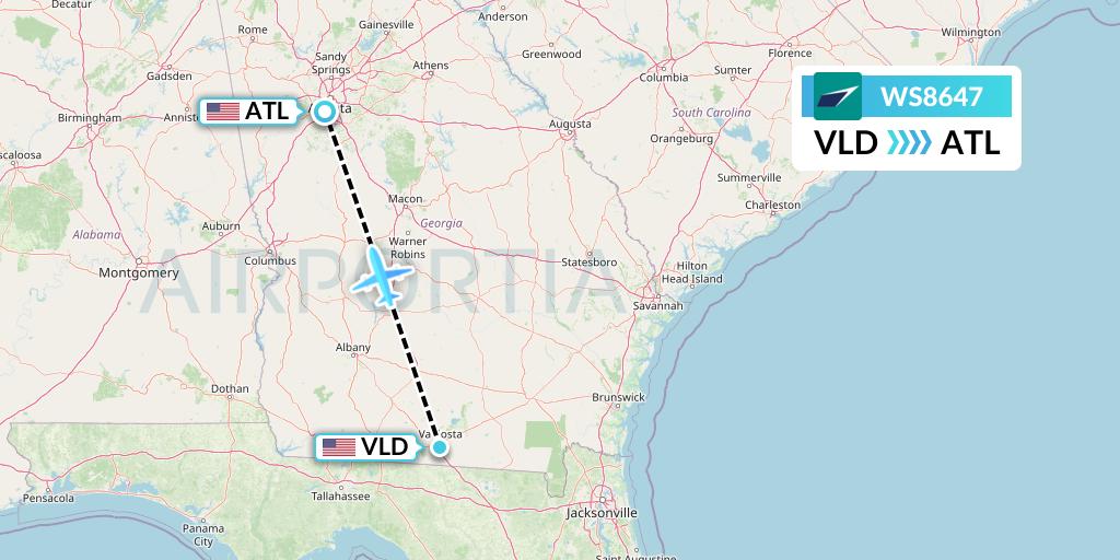 WS8647 WestJet Flight Map: Valdosta to Atlanta