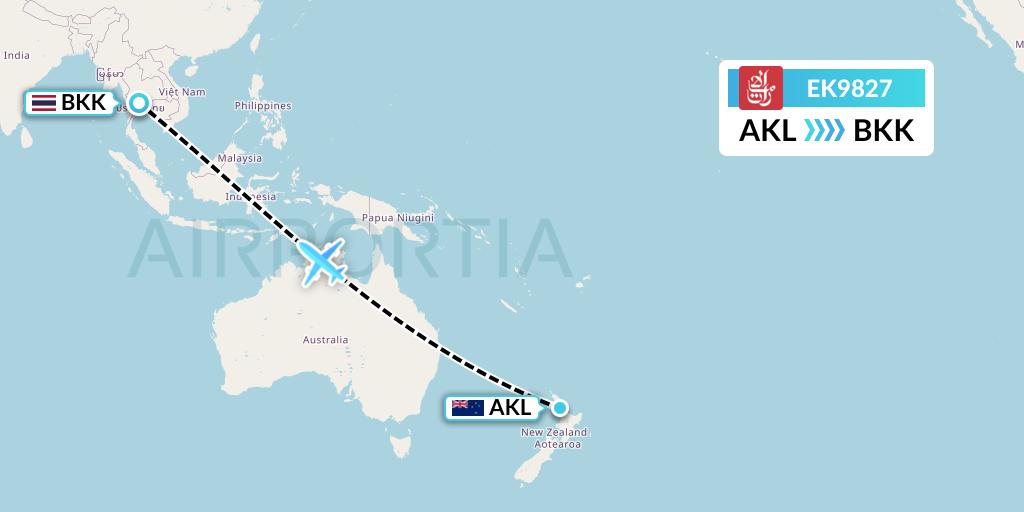 EK9827 Emirates Flight Map: Auckland to Bangkok