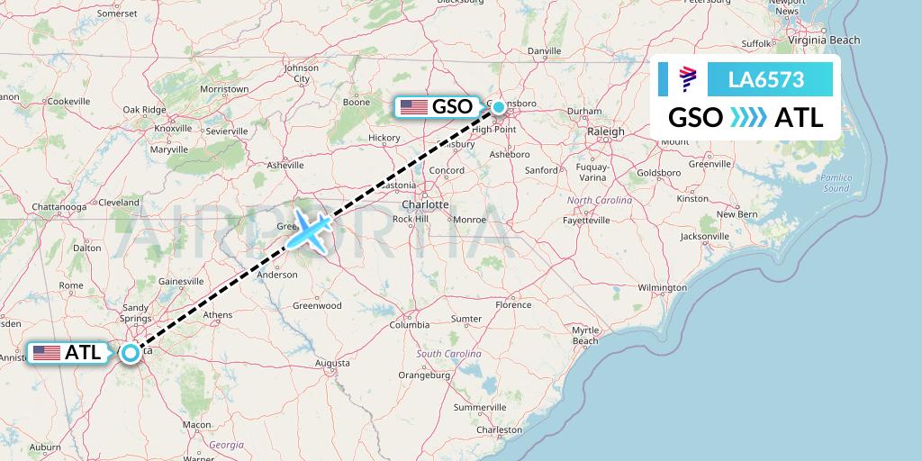 LA6573 LAN Airlines Flight Map: Greensboro to Atlanta