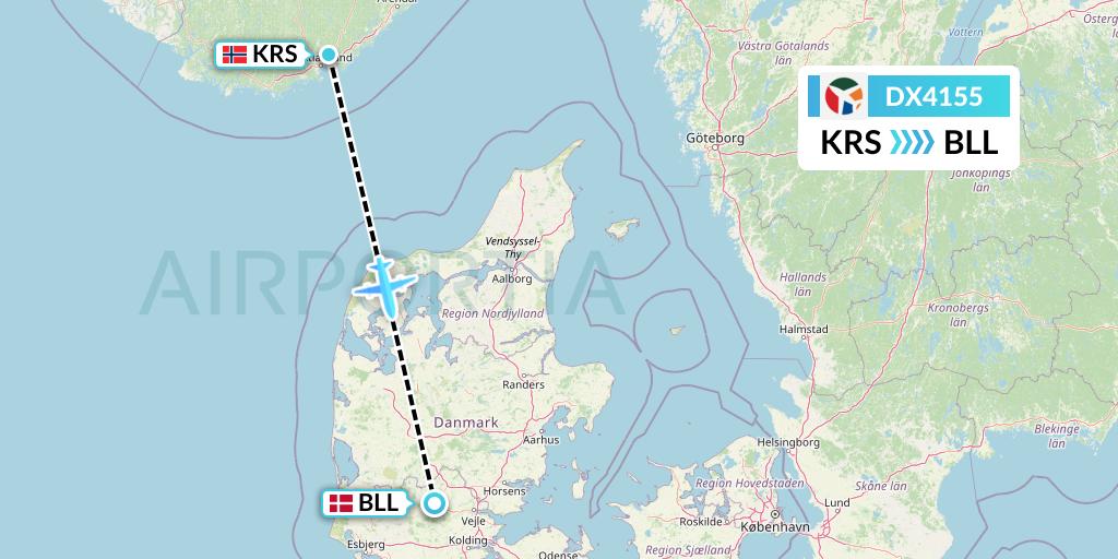 DX4155 Danish Air Transport Flight Map: Kristiansand to Billund