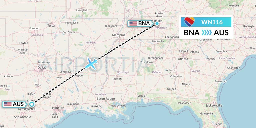 WN116 Southwest Airlines Flight Map: Nashville to Austin