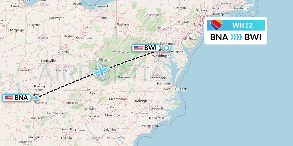 WN12 Southwest Airlines Flight Map: Nashville to Baltimore