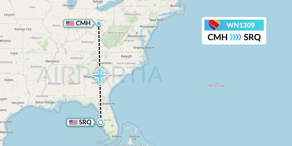 WN1309 Southwest Airlines Flight Map: Columbus to Sarasota