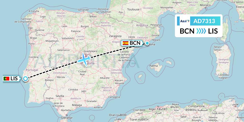 AD7313 Azul Brazilian Airlines Flight Map: Barcelona to Lisbon