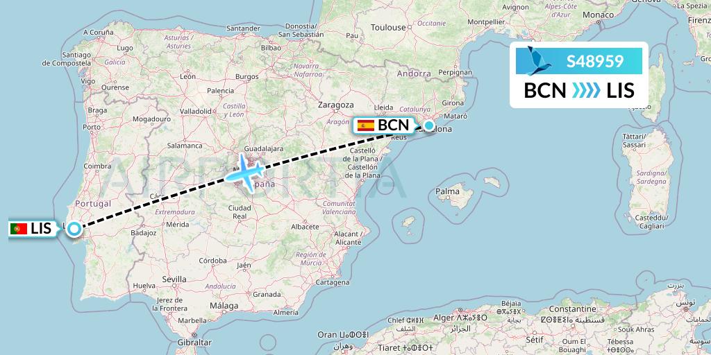 S48959 Azores Airlines Flight Map: Barcelona to Lisbon