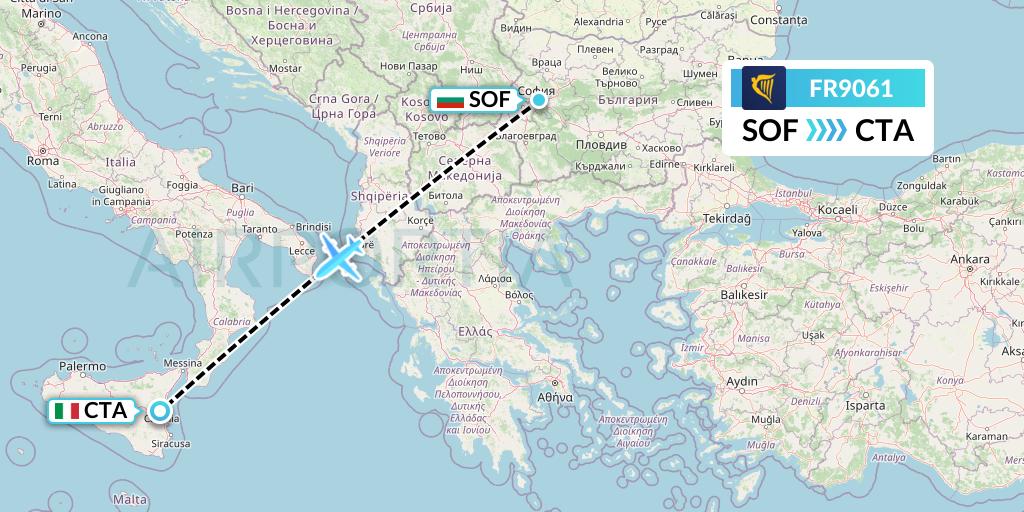 FR9061 Ryanair Flight Map: Sofia to Catania