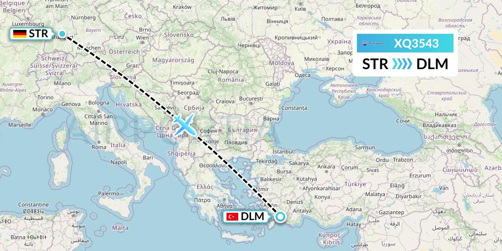 XQ3543 SunExpress Flight Map: Stuttgart to Dalaman