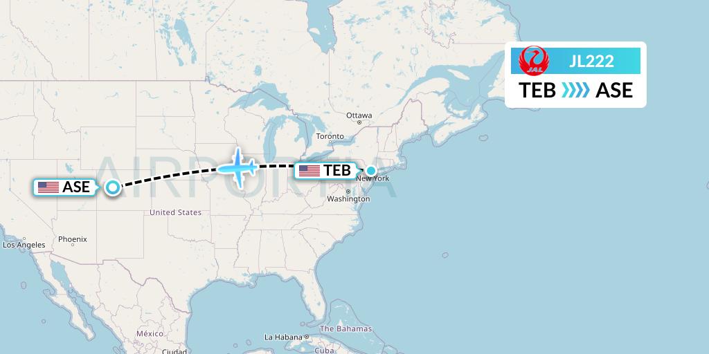 JL222 Japan Airlines Flight Map: Teterboro to Aspen