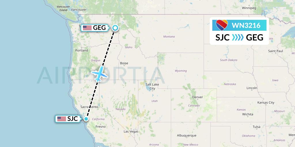 WN3216 Southwest Airlines Flight Map: San Jose to Spokane