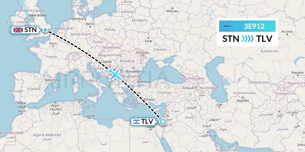 3E912 Air Choice One Flight Map: London to Tel Aviv